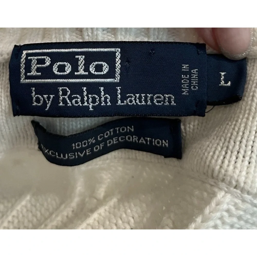 Polo Ralph Lauren White V Neck Cricket Tennis‎ Cable Knit Men's Sweater Size L